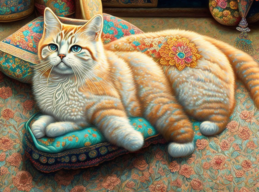 Patterned Orange and White Cat on Cushion with Decorative Backdrop