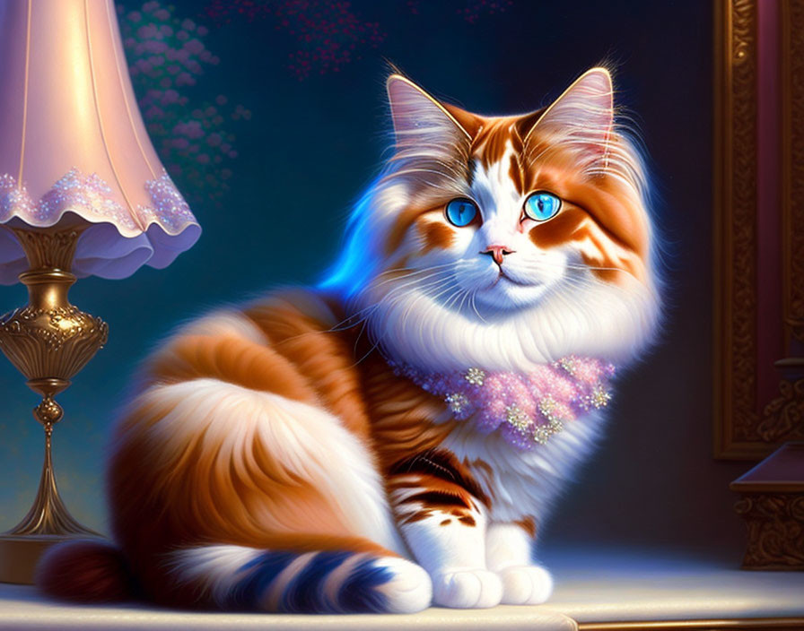 Fluffy orange-and-white cat with blue eyes and pink collar beside a lamp