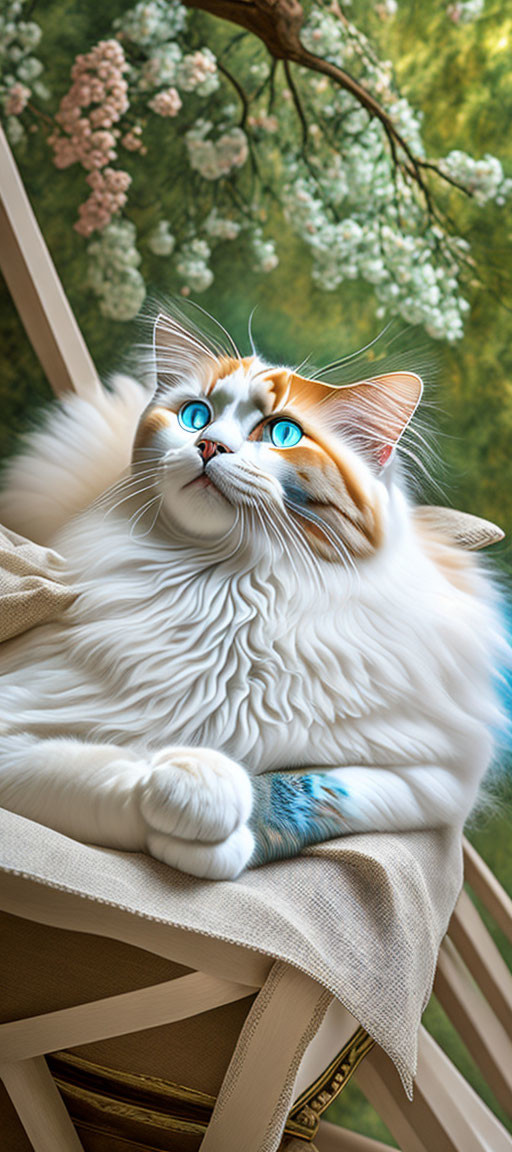 Fluffy white cat with blue eyes and orange-brown markings lounging on chair with blossoming branches