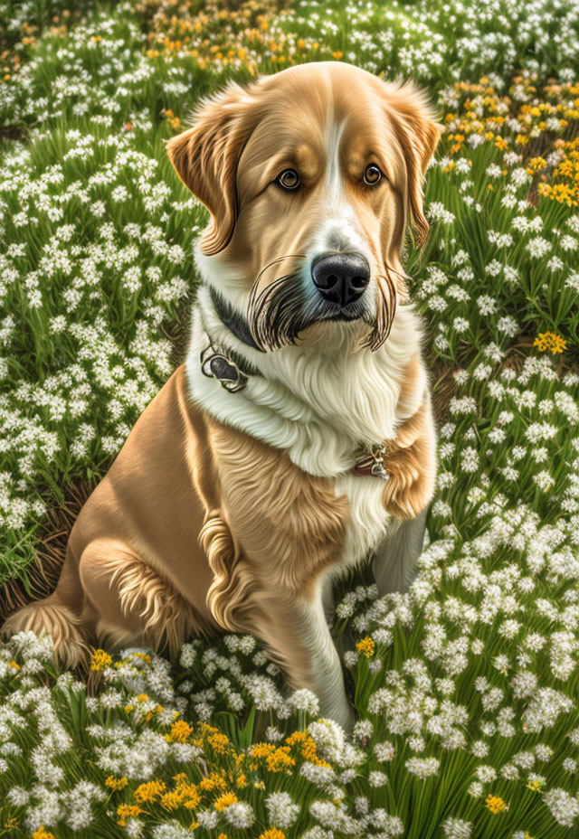 Golden-Brown Dog Sitting in Field of Flowers