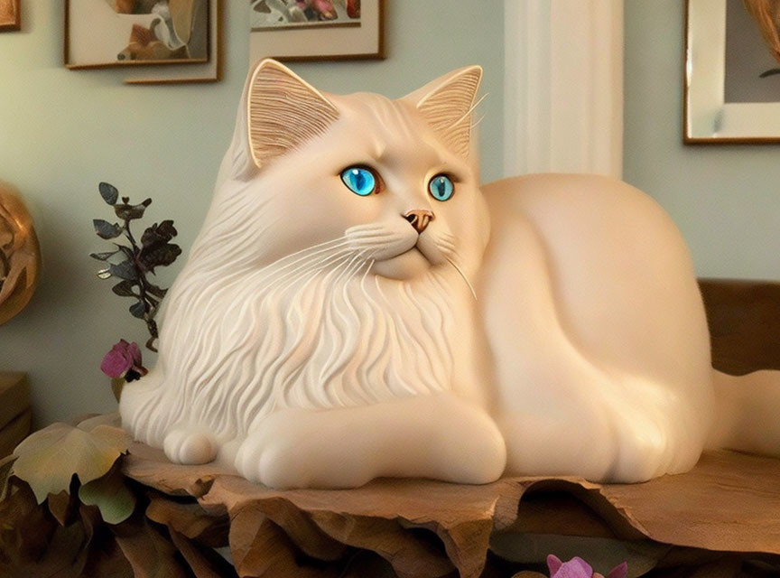 Realistic White Long-Haired Cat Sculpture with Blue Eyes on Wooden Surface