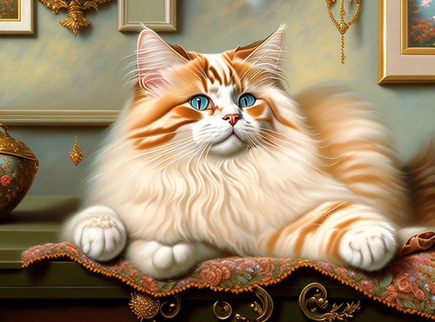 Fluffy orange and white cat with blue eyes on tasseled fabric against elegant decor.