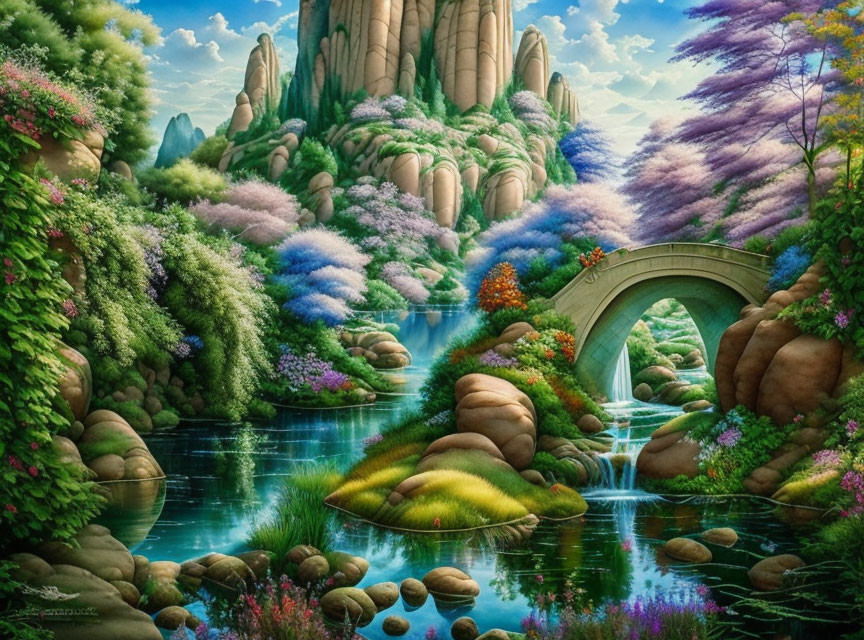 Colorful Fantasy Landscape with River, Bridge, and Waterfalls