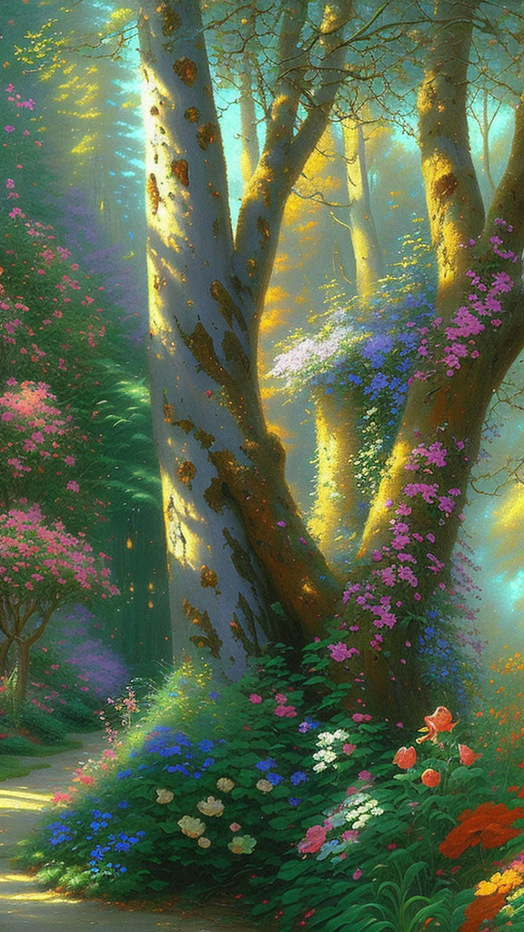 Sunlit forest with vibrant flowers and lush greenery