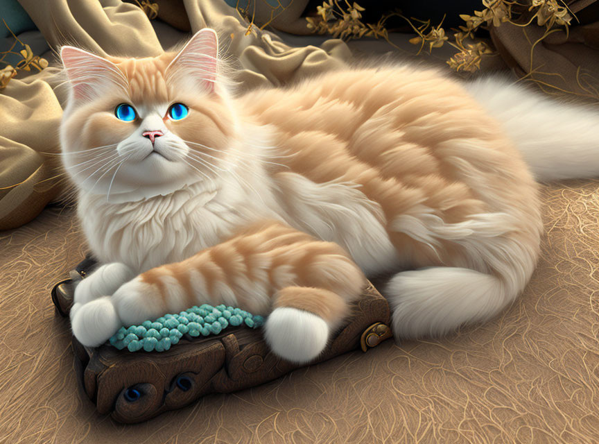 Fluffy Orange and White Cat with Blue Eyes on Wooden Chest and Golden Fabric Background