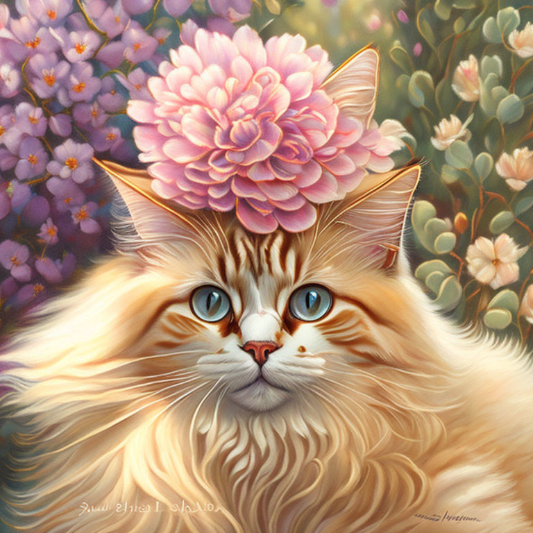 Fluffy Ginger and White Cat with Blue Eyes and Pink Flower in Field