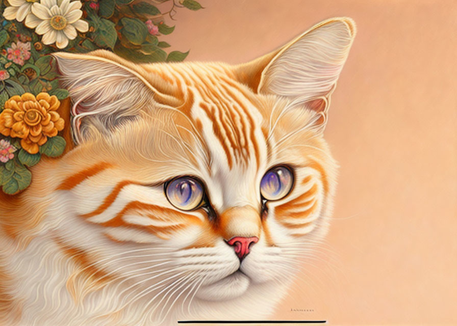 Detailed illustration of orange and white striped cat with purple eyes on creamy floral background