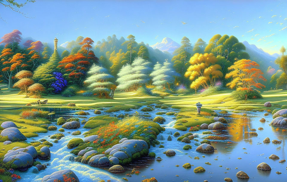 Colorful landscape with stream, trees, greenery, and person observing nature's serenity