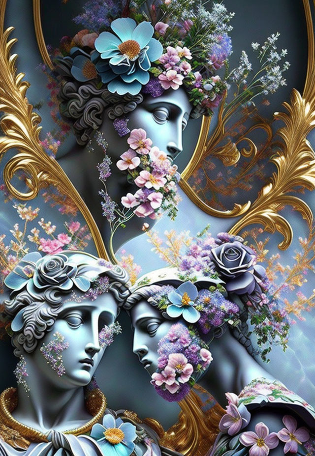 Digital Art: Stylized Classical Busts with Floral and Golden Filigree on Blue