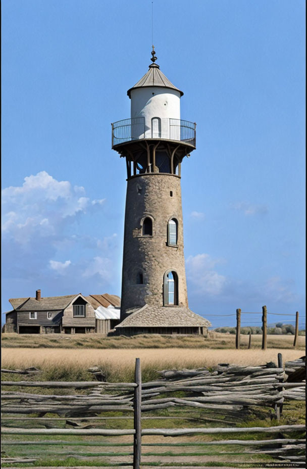 Stone lighthouse and wooden house in sunny rural landscape