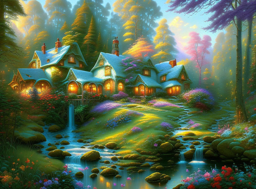 Magical forest cottage with vibrant flowers and serene stream