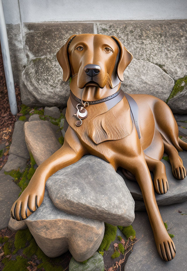 Realistic Brown Dog Statue with Reflective Collar on Stone Against Mossy Wall