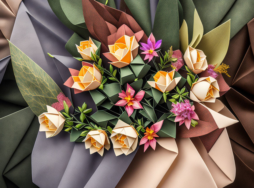 Colorful Paper Flower Bouquet with Geometric Shapes and Paper Foliage