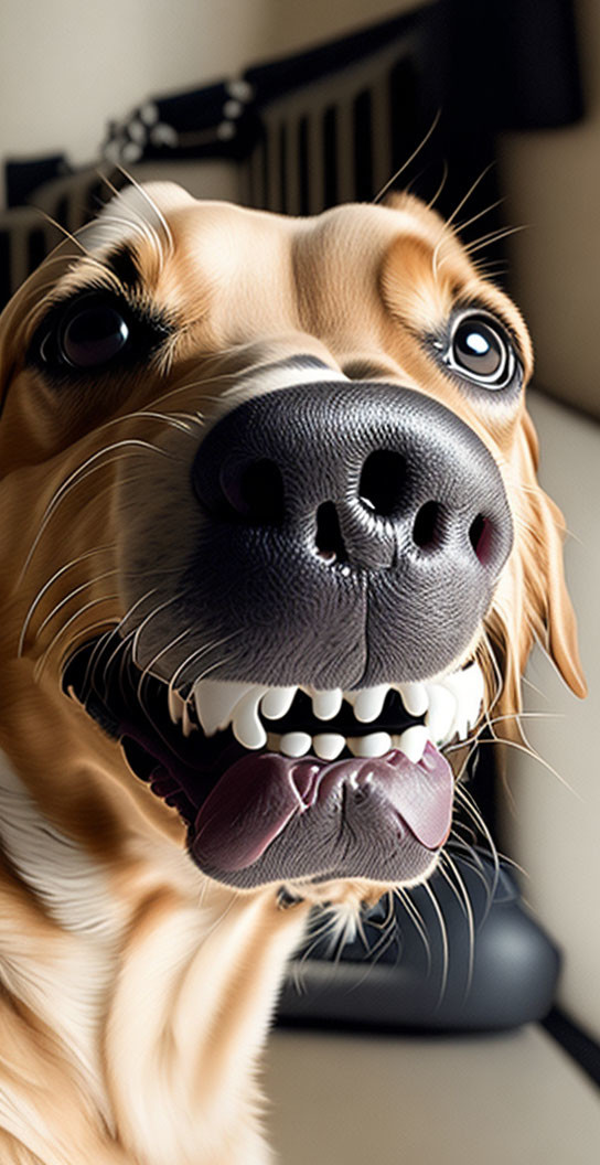 Golden retriever with open mouth and teeth in close-up view