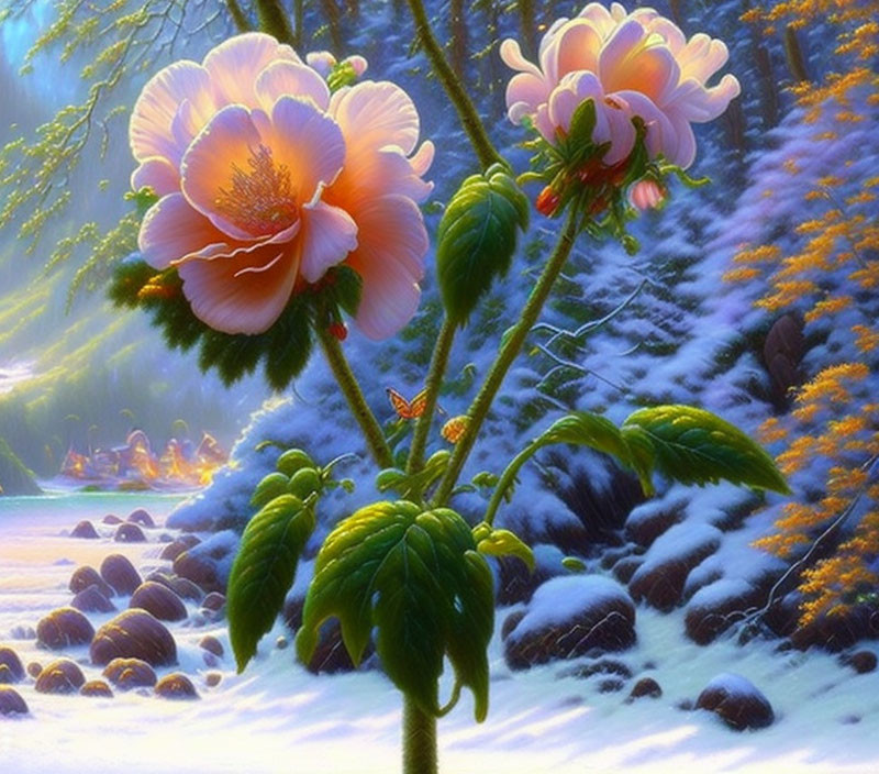 Pink Flowers and Butterfly in Snowy Forest Clearing