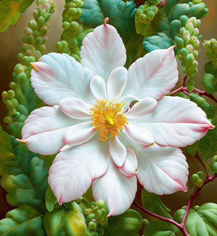 Delicate white flower with pale pink edges and yellow center in close-up view