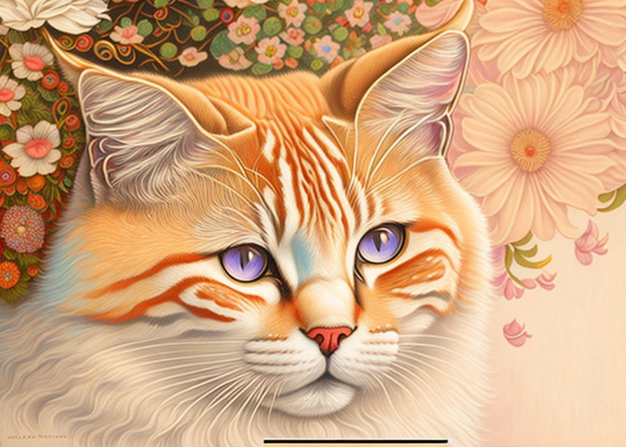 Orange Cat with Purple Eyes Among Pastel Flowers and Detailed Fur