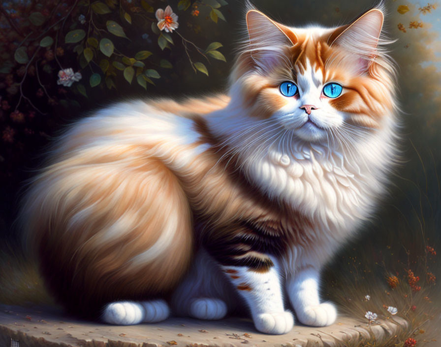 Orange and White Cat with Blue Eyes in Serene Garden