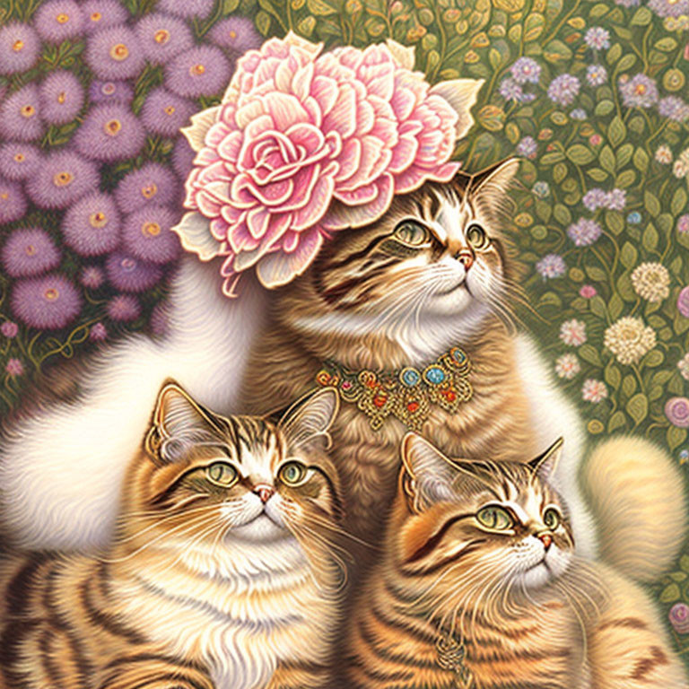 Illustrated cats with whiskers and pink flower, one adorned with necklace, on floral backdrop