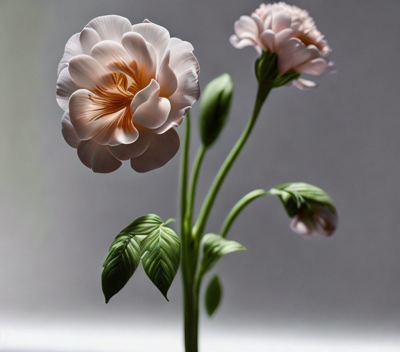 Pale Pink Flower with Dark Center Blooming Against Gray Backdrop