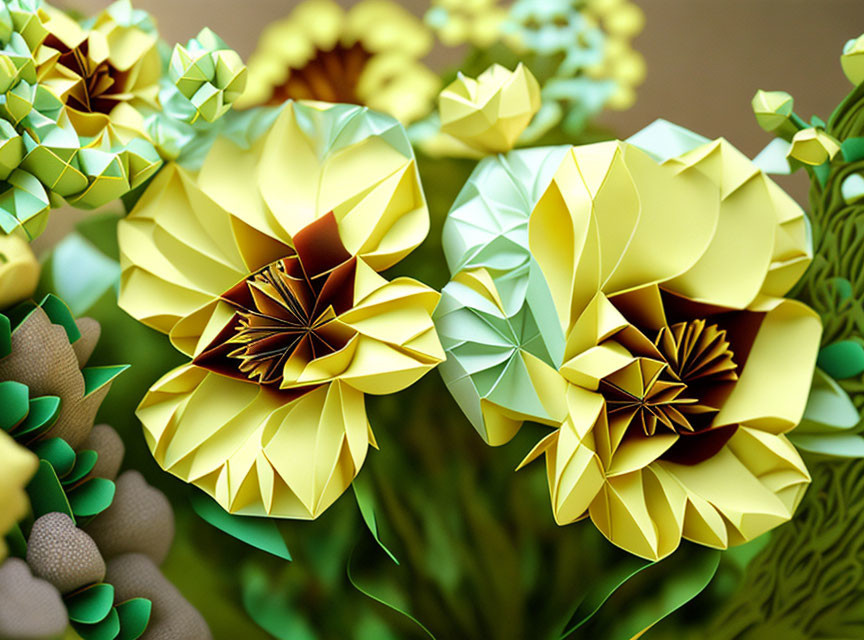 Colorful Geometric Flower Art in Yellow and Green