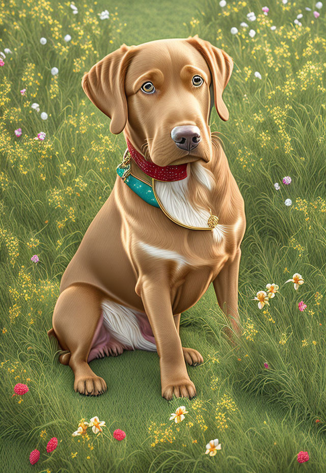 Golden-brown dog with red bandana in meadow surrounded by greenery