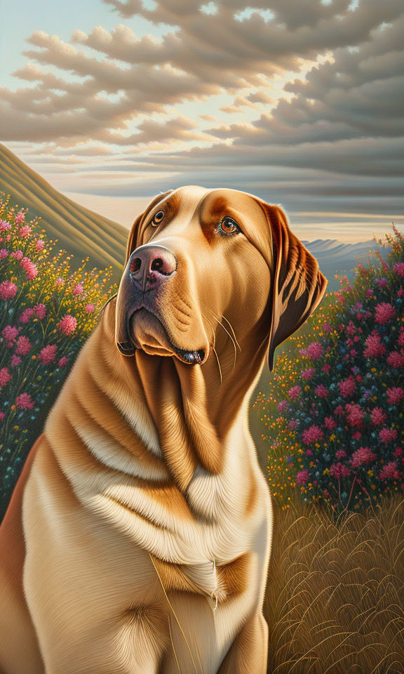 Stylized brown dog in grassy field with pink flowers