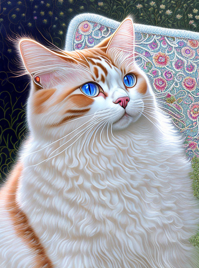 White and Orange Cat with Blue Eyes and Detailed Fur Patterns on Decorative Cushion