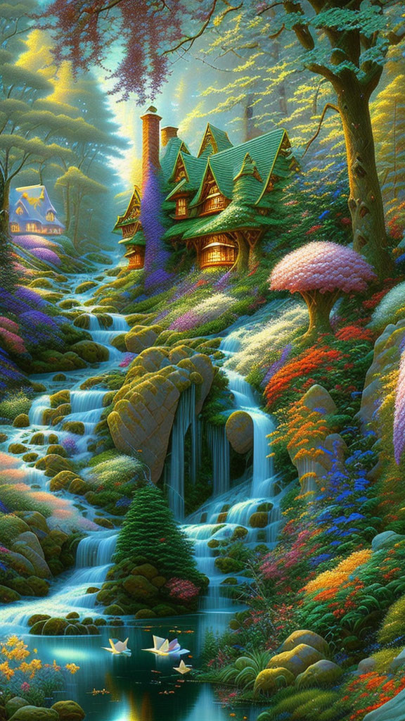 Enchanted forest illustration: cascading waterfall & quaint cottage