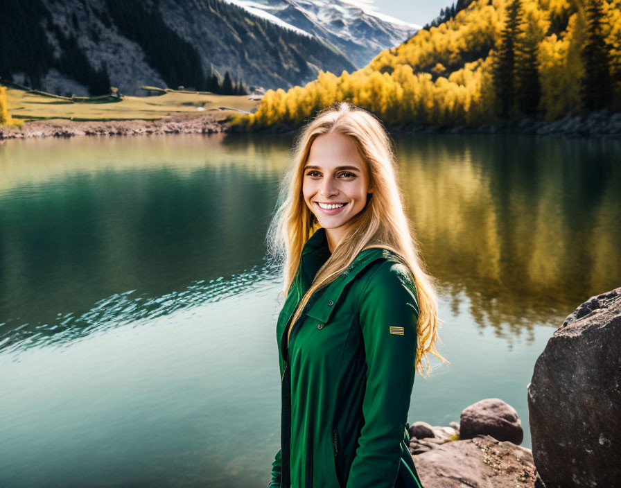 Smiling woman in green jacket by mountain lake with autumn trees