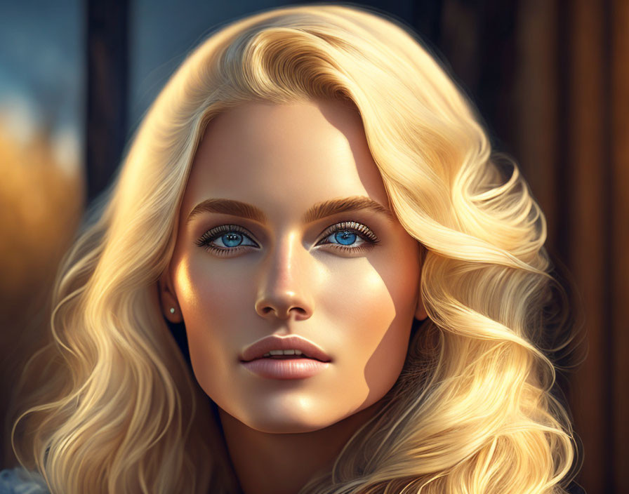 Portrait of a woman with blue eyes, full lips, and blonde wavy hair on warm background