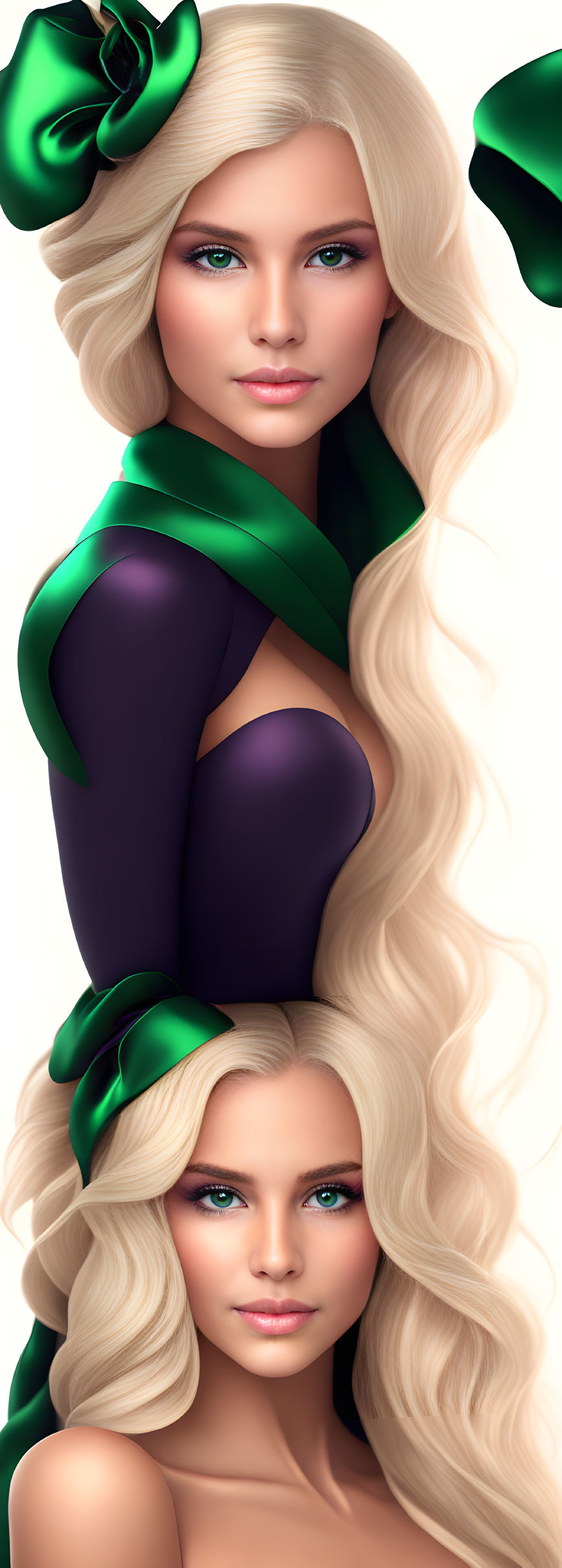 Blonde woman in purple bodysuit with green ribbon accessories