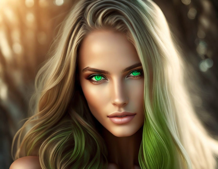 Portrait of a woman with green eyes and wavy blond hair against blurred background