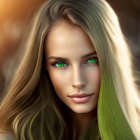 Portrait of a woman with green eyes and wavy blond hair against blurred background