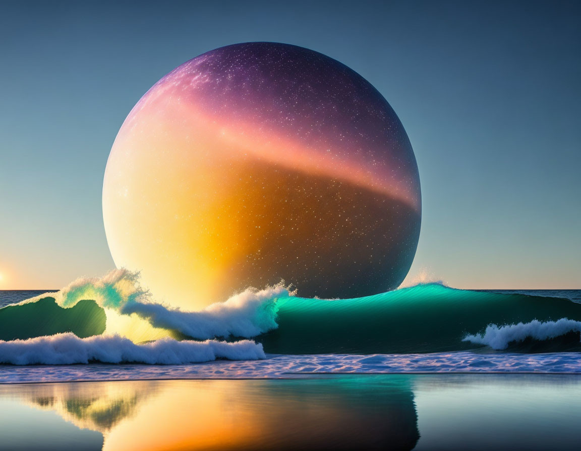 Surreal image: massive planet rising over ocean waves