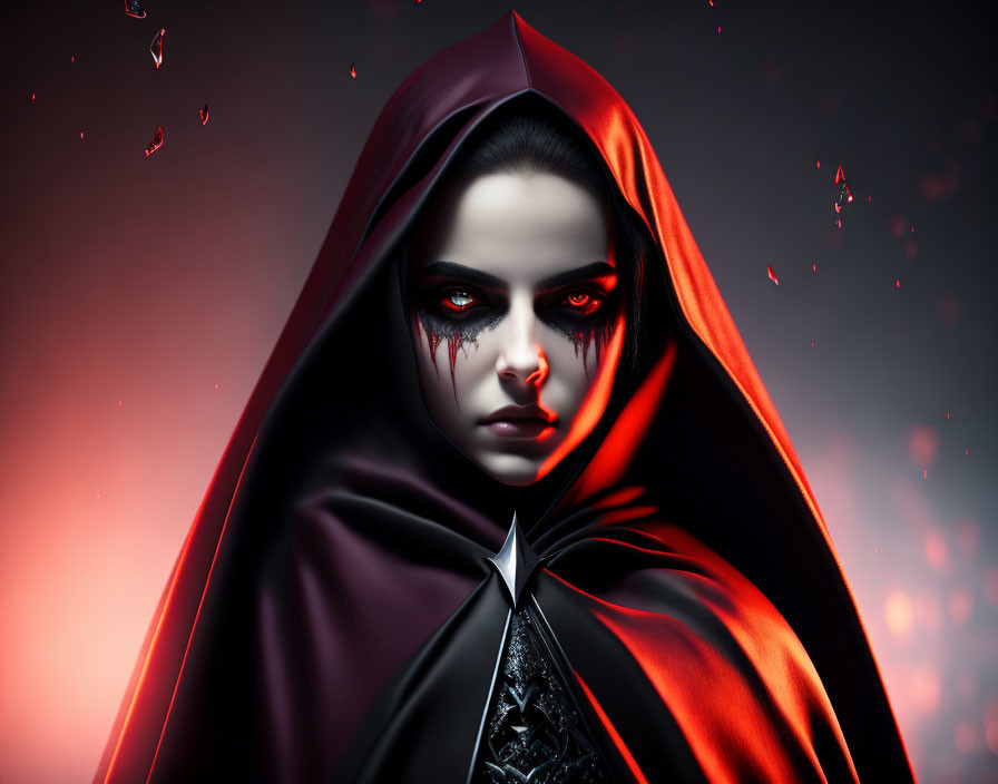 Pale-skinned person in dark makeup with red and black cloak, intense red-eyed gaze, set against