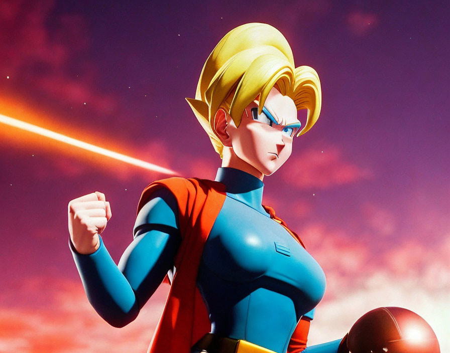 Blond Spiky-Haired Animated Character in Blue and Red Outfit against Vibrant Sky