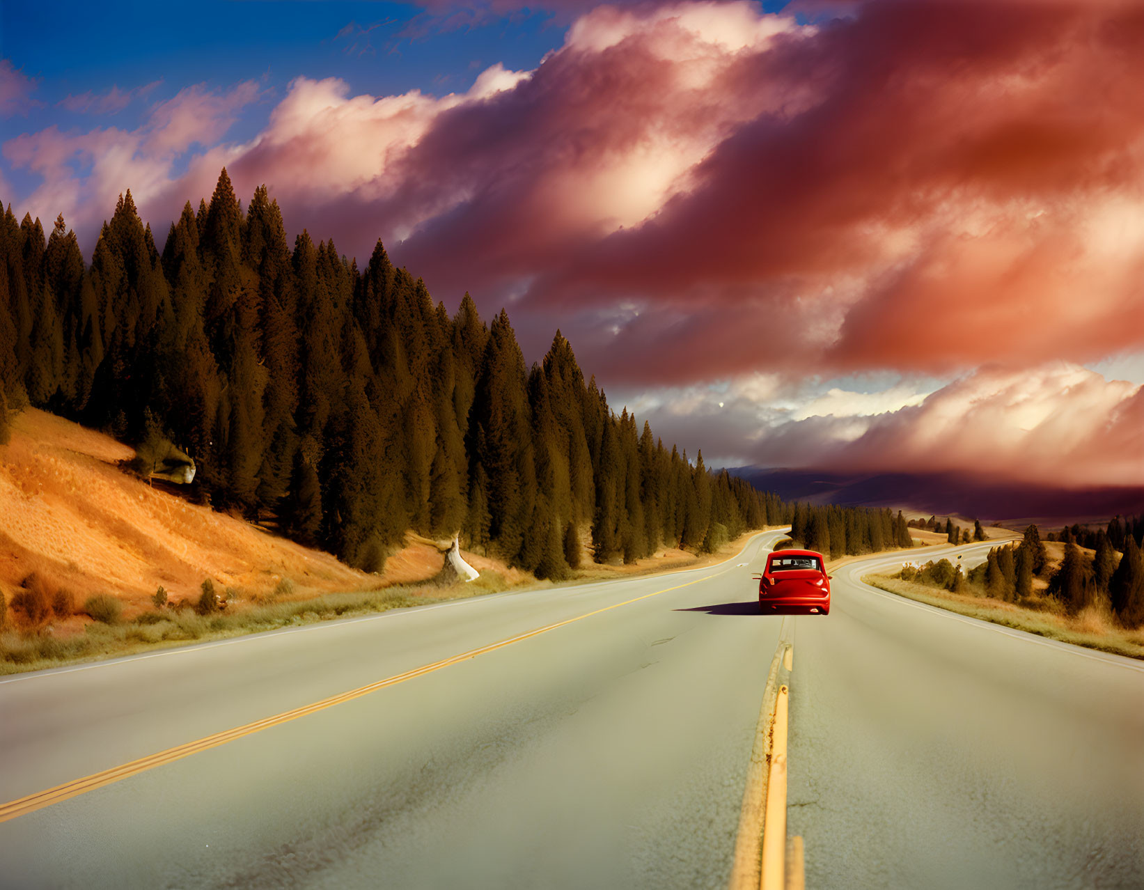 Red Car Driving on Winding Road Through Scenic Sunset Landscape