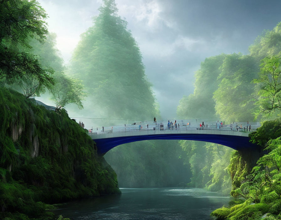 Tranquil landscape: Blue arch bridge over serene river with lush greenery and mist, people walking