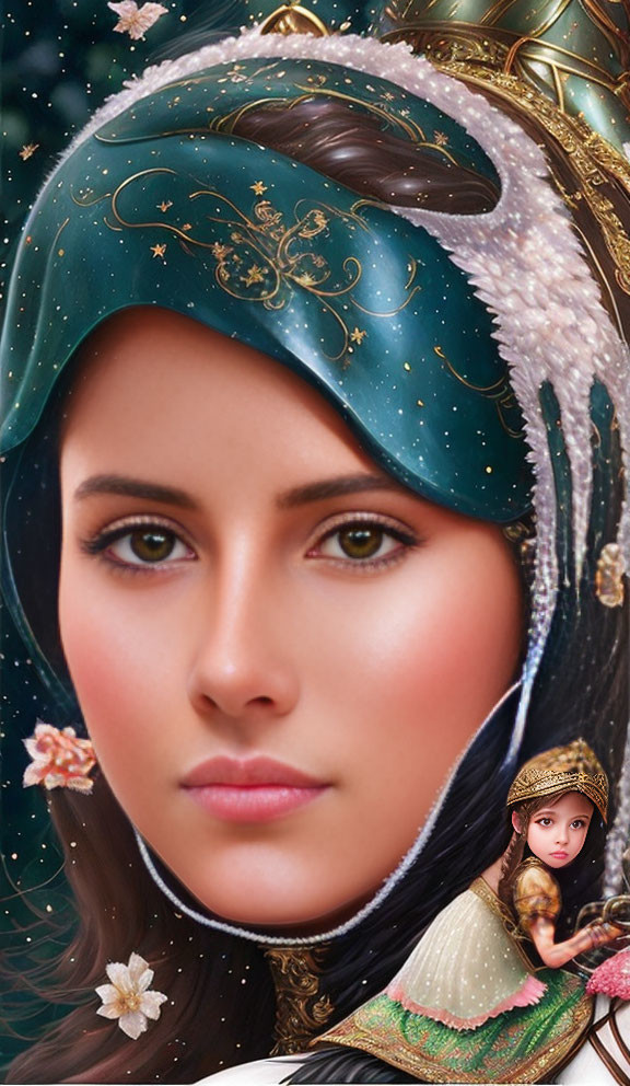 Digital artwork: Woman with cosmic headscarf, gold & pearls, holding miniature self