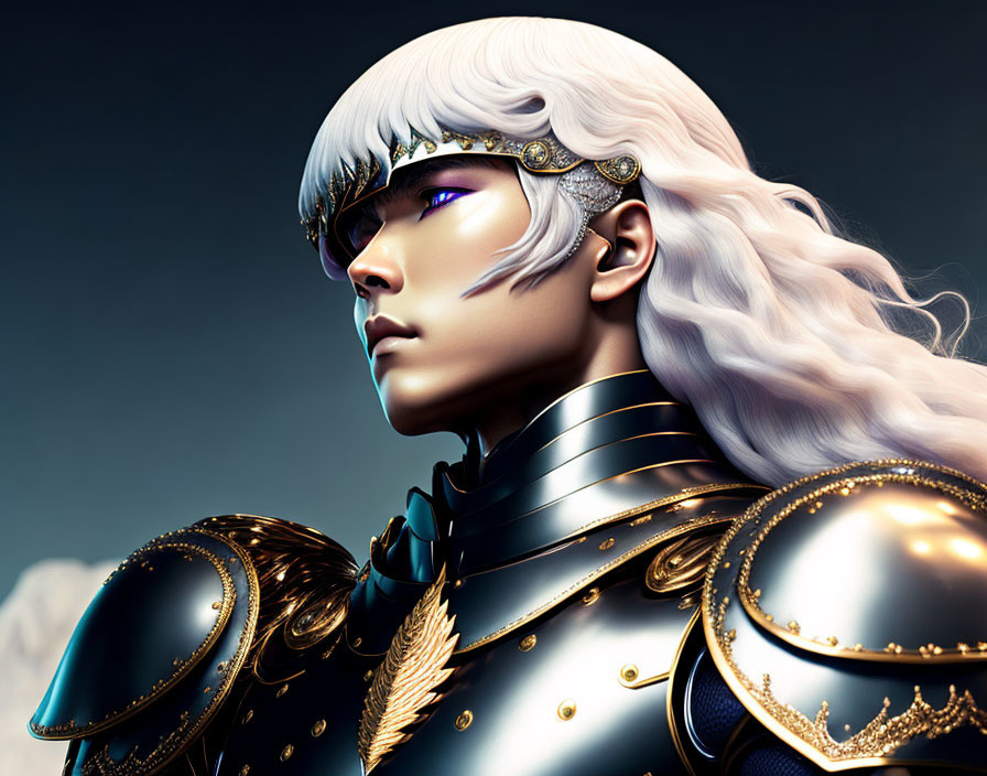 Silver-haired figure in golden armor with diadem gazing afar