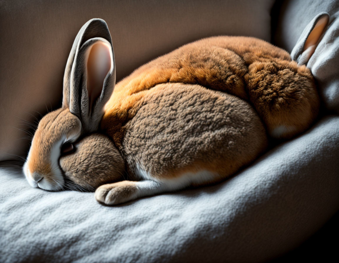 Brown and White Rabbit Relaxing on Grey Fabric Surface