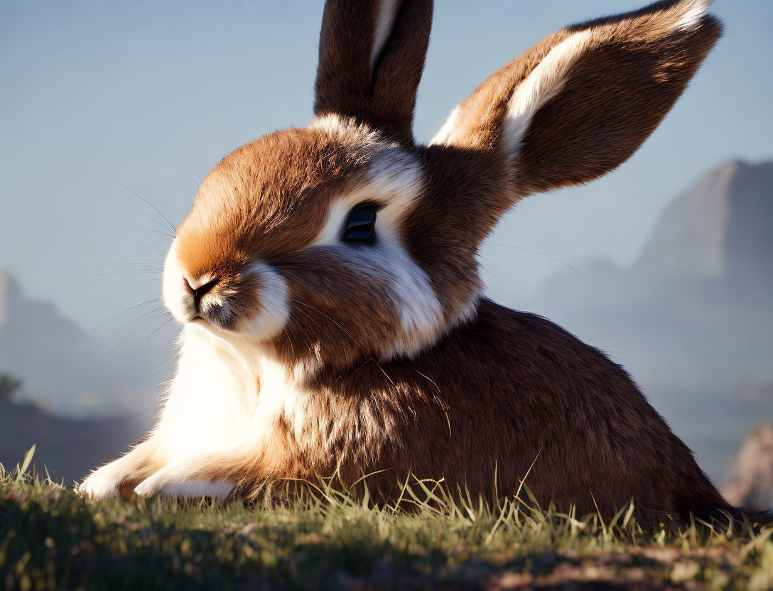 Realistic brown rabbit in grassy field with mountains