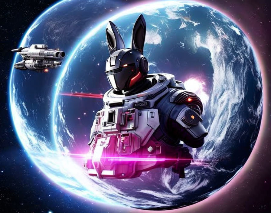 Futuristic rabbit astronaut in space with Earth and spaceship