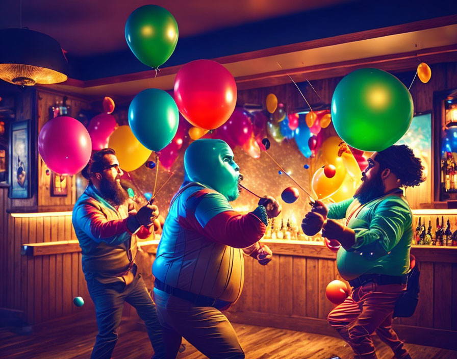 Men playing with colorful balloons in warm-lit bar scene