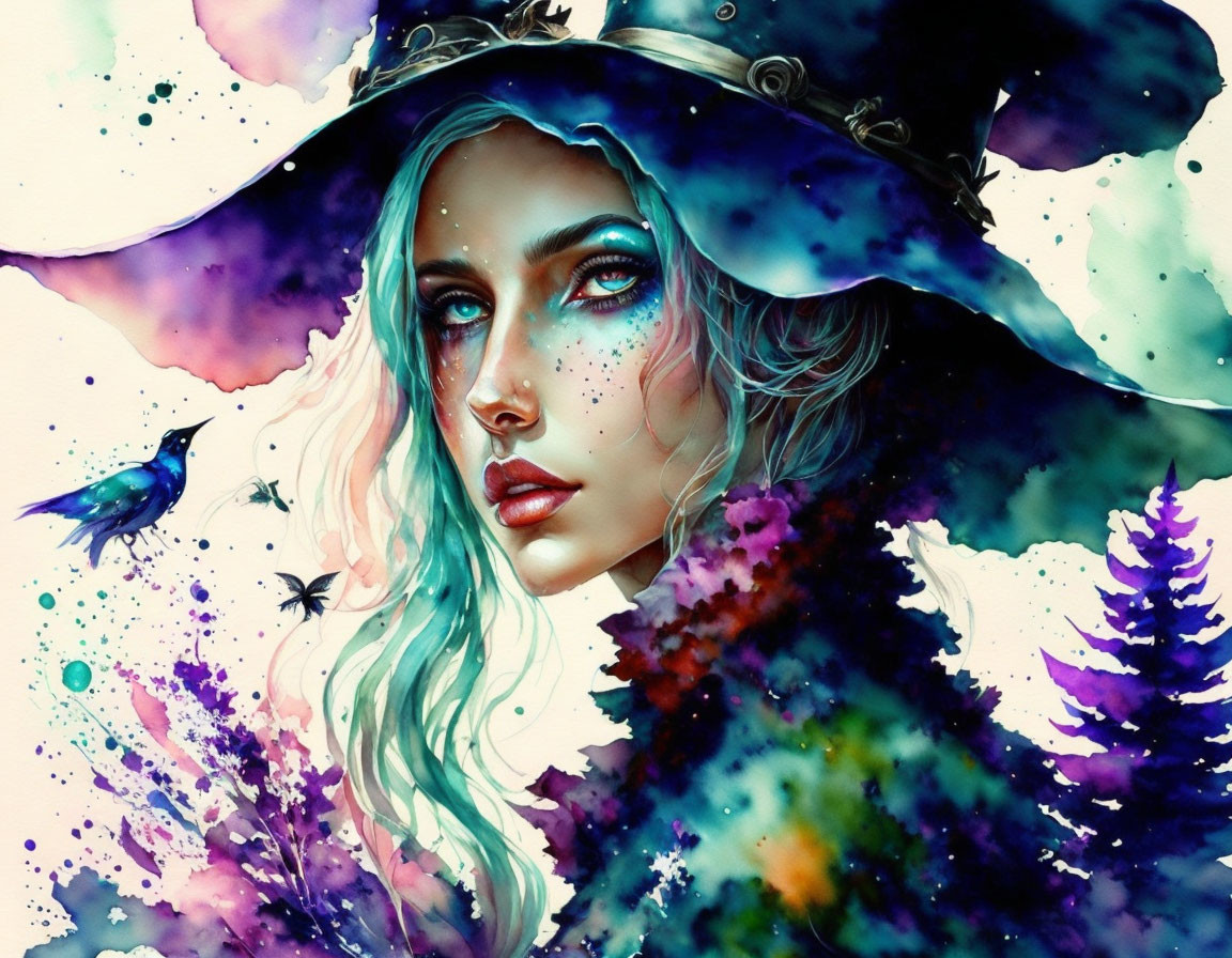 Vibrant digital artwork of a woman with wavy hair and a hat in forest setting