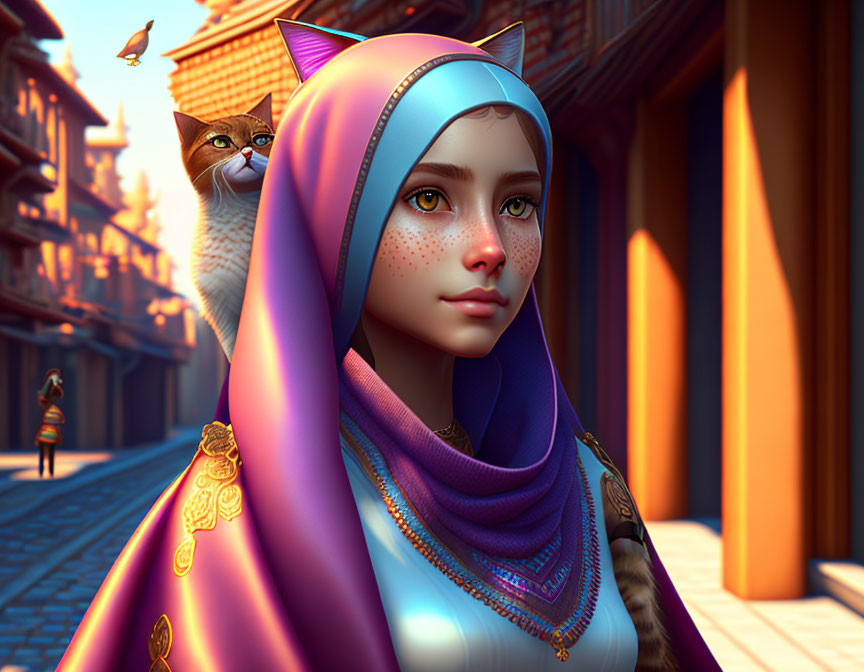 Digital artwork: Girl in cat ear hijab with cat, old town background