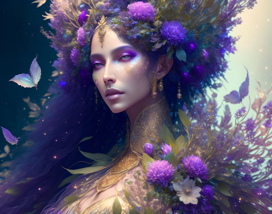 Mysterious Woman with Purple Floral Headpiece and Butterflies