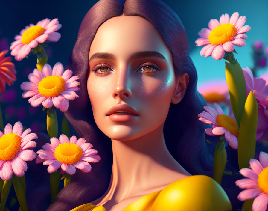 Digital artwork featuring woman with glowing skin and pink daisies in dusk-lit setting