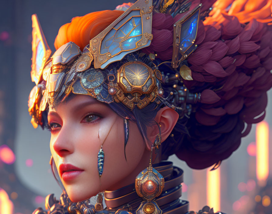 Fantasy character with orange hair in gold and blue headpiece.